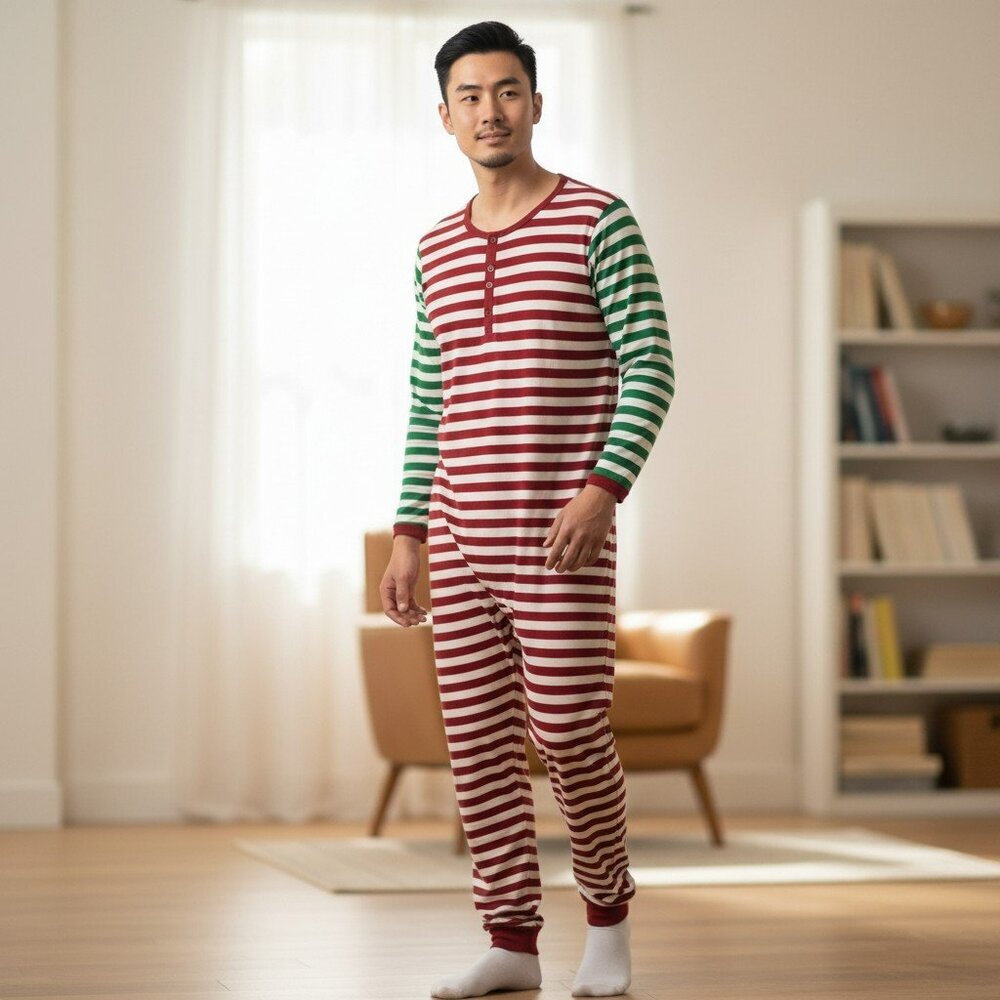 Place Adult Small Red Green Striped Christmas Holiday One Piece Pajamas Union